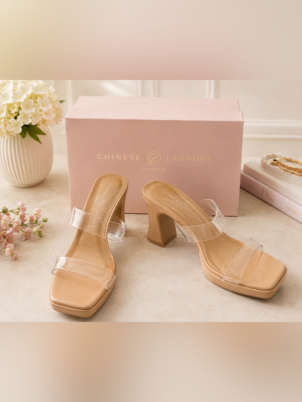 Chinese Laundry Nude Block Heel Sandals with Clear Straps
